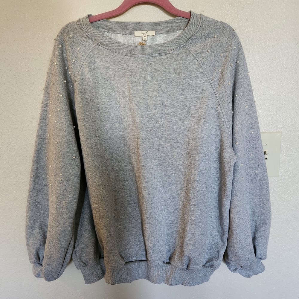 Easel 100% Cotton Pearl Studded Grey Sweatshirt Pearl-accent